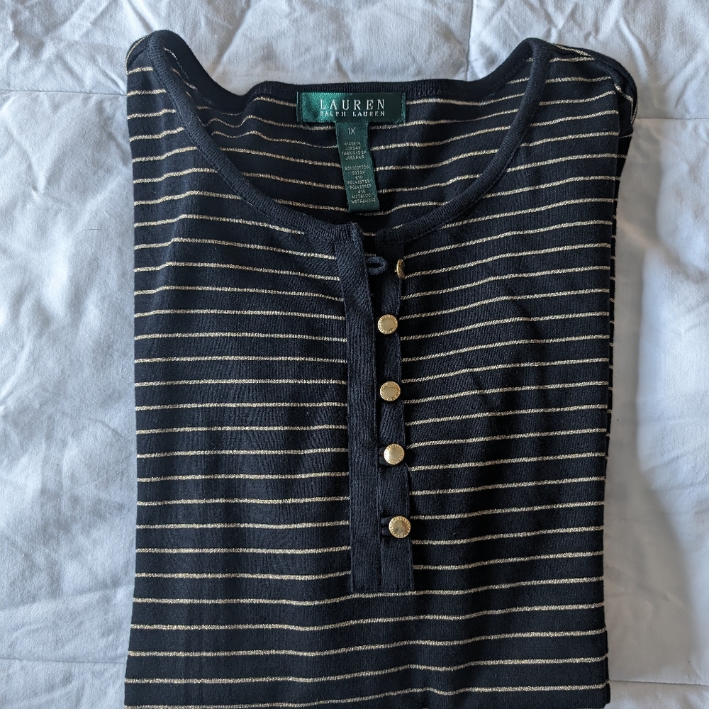 Lauren Ralph Lauren Black Long Sleeve Henley with Gold Stripes
